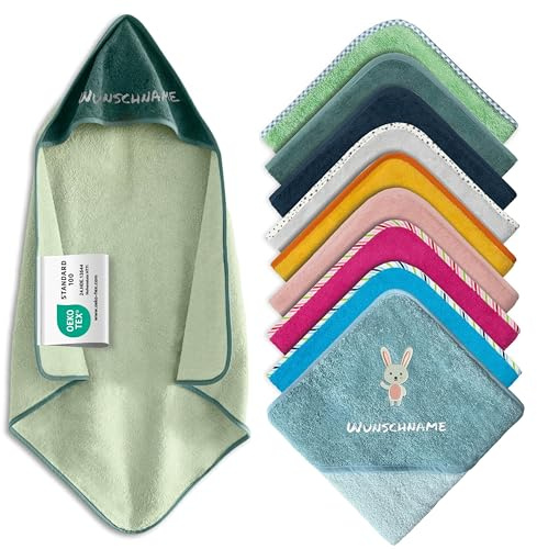 my STITCHERY Kapuzenhandtuch Baby mit Namen Bestickt, Oeko-TEX® Standard 100 - Personalisiertes Babyhandtuch mit Kapuze aus Reiner Baumwolle mit gesticktem Namen und Motiv (Dunkelgrün, 100 x 100 cm)