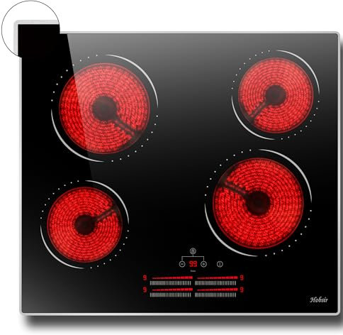 Plaque Vitrocéramique 4 feux, Hobsir Plaque de Cuisson avec Cadre, 60cm Encastrable, 6000W, Contrôle Indépendant du Curseur, 9 Niveau de Puissance, Verre Céramique Noir, Pas de Prise