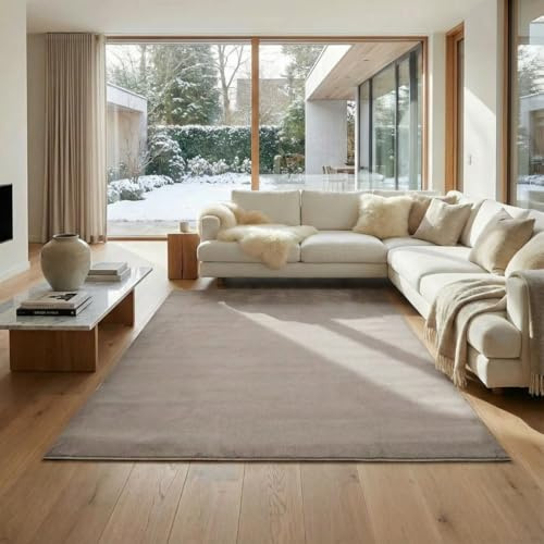 Jimri Flauschiger Teppich Läufer - Hochwertiger Kurzflor für Zuhause, Büro, Küche, Eingang, Flur, Wohnzimmer - Maschinenwaschbar - Rutschfester Teppich Waschbar - 200x280 cm - Taupe