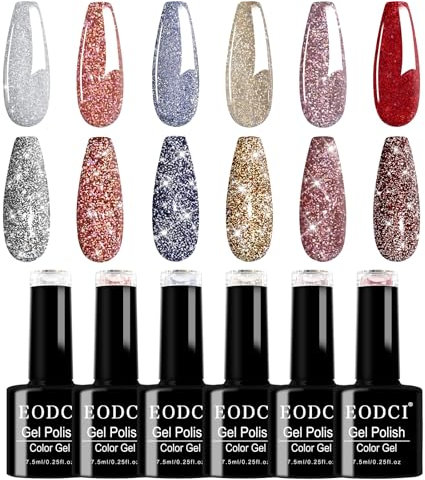 EODCI UV Gel Nagellack Glitzer, 6 Farben Gold Rot Silber Nagelgel Set, Nagelgel Shiny Reflective Glitter Gel Nail Polish Gelnägel für DIY Nail Art Maniküre Salon