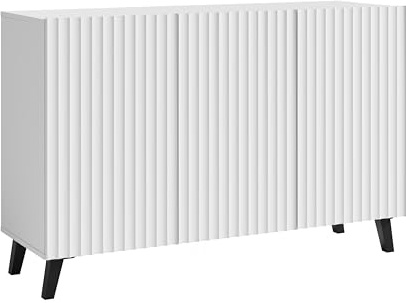 MINIO go for it - Kommode LOKET, 120 cm Breit, Kommode mit 3 Türen, Sideboard, Wohnzimmer Möbel, Schwarze Beine, Farbe: Weiß/Weiß mit gerillten MDF-Fronten