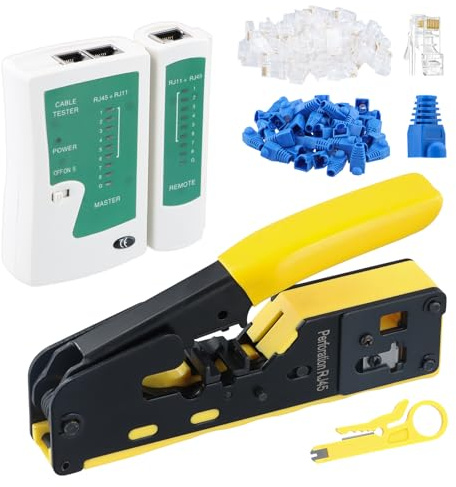 Focenat Herramienta de Crimpado RJ45, Crimpadora RJ45, Pasante Crimpadora 8P/6P, para Conectores de Cable Cat5 Cat6 Cat7, con 50 Conectores, 1 Mini Pelacables