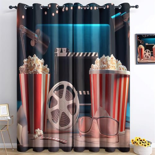 Curtains Movie Elements Popcorn Eyelet Thermal Insulated Blackout Window Drapes for Bed Living W 55 x L 102 (2 Panels) Thermal Insulated Blackout CurtainsColor