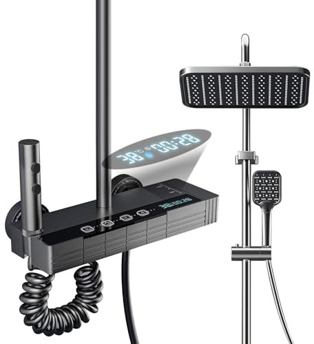 Colonne De Douche Avec Mitigeur Thermostatique Système De Douche Affichage Numérique LED Ensemble De Douche Avec Pommeau De Douche, Bidet Douche, Robinet De Baignoire, Mural (Noir)