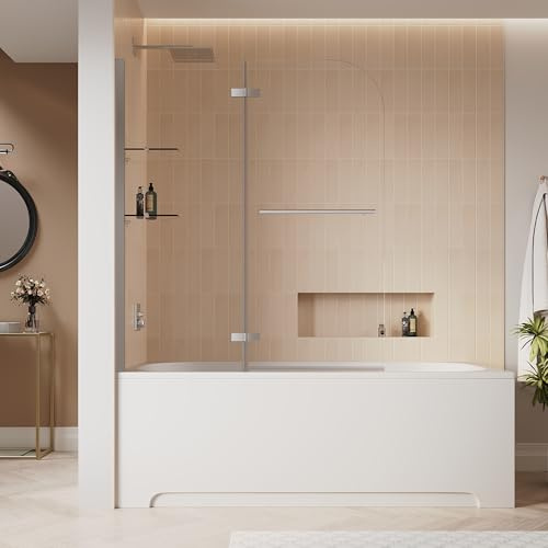 SIRHONA Pare-baignoire 120 x 140 cm, Verre Trempé Transparent de 6 mm, Rotation à 180°, Avec Tirant Cylindrique, Peut Être Monté à Gauche Ou à Droite, Aluminium Argenté Brillant