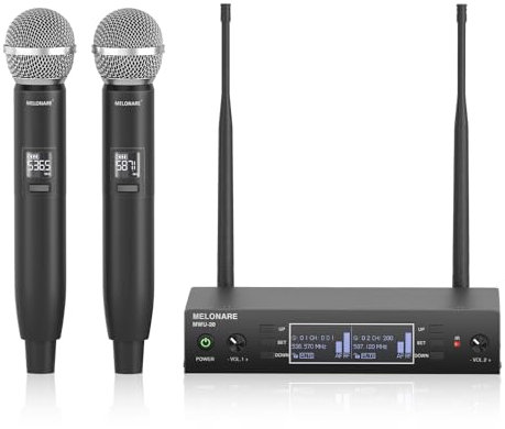 Dual Channel Wireless Microphone System, MELONARE Auto-Scan Professionelles schnurloses dynamisches Mikrofon-Set, 100.0 m Reichweite, 2x100 UHF Metall Wireless Mic für Singen, Karaoke, Kirche,