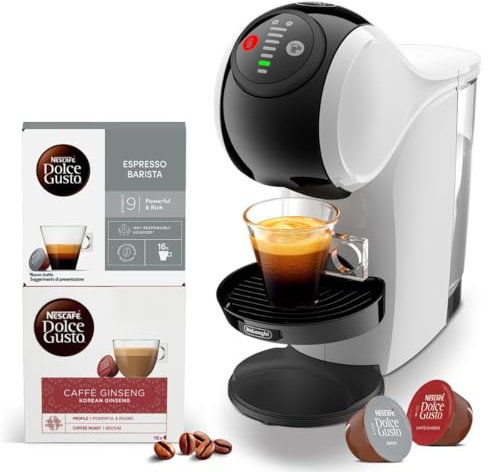 NESCAFE’ DOLCE GUSTO De’ Longhi Genio S, Macchina per Caffè Espresso e Altre Bevande in capsula, Automatica, Bianco + Barista - Ginseng 32 capsule