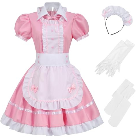maxToonrain hembiträde kostym tillbehör, dam fin klänning anime halloween cosplay fest söt Lolita, franskt förkläde + katt öra hembiträde outfit set för kvinnor flickor (rosa 6 st, 5XL)
