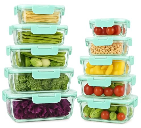 NestnNook 10 Pack Glass Meal Prep Containers, Glass Containers with Lids, BPA-Free Airtight Stackable Food Storage Set, Leak-proof Removable silicone ring, Microwave, Oven, Freezer, & Dishwasher Safe