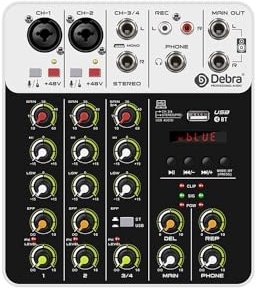 SHEHUALI Mesa de Mezclas de Audio, Consola de DJ mezcladora V4 de 4 Canales portátil con alimentación Fantasma de 48 V, USB, con Tarjeta de Sonido for PC, grabación y Canto(V4 White Type)