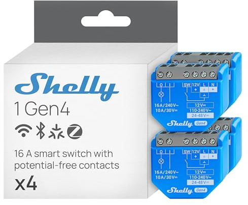 Shelly 1 Gen4 – Módulo interruptor inalámbrico Matter, Zigbee y Wi-Fi, 1 canal 16A, Contactos secos, Relé abrepuertas de garaje, Control por aplicación y voz Alexa, Google, y Apple HomeKit - 4 Piezas
