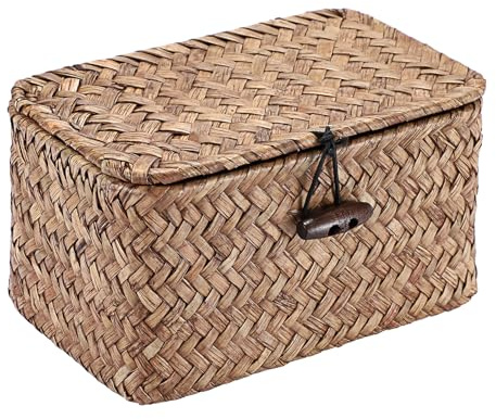 Hipiwe Seagrass Basket Key Holder Box for Entryway Tabletop Desk Organizer with Lid Handwoven Wicker Storage Bin for Hair Ties Candy, 6.1L x 4.0W x 3.3H
