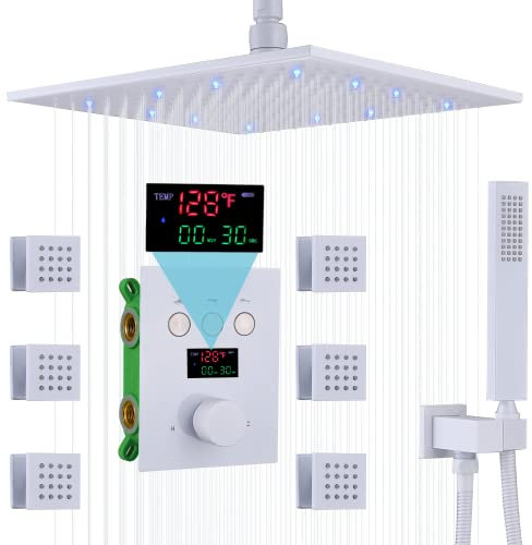 Doccia Soffione da 12 Pollici LED Pioggia Getto per Il Corpo Utilizza Tutte Le funzioni contemporaneamente Bianco con 6 getti per Il Corpo Montaggio a soffitto Display dell