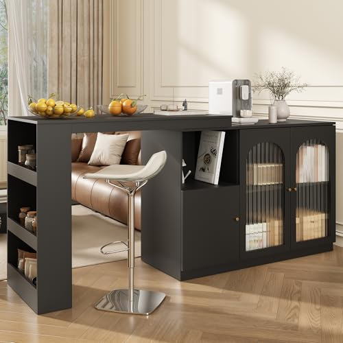 LINKHOO Table de Bar pivotant à 360°, Modern et Simple de Salle à Manger pivotant, Meuble de Rangement Multifonctionnel avec Porte en Verre,Corps Principal 120 x 40 x 97 cm, Noir