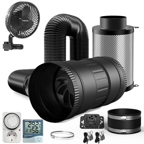 Brogachy 100 mm ventilationsset inline-rörfläkt, 221 m³/h, komplett set, termohygrometer med varvtalshållare, aktivt kolfilter, frånluftsrör, ventilationssystem för odlingstält, växthus, växthus