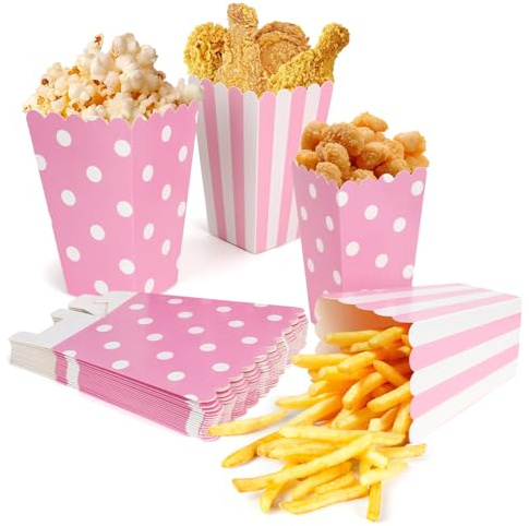 40Stück Rosa Popcorn Tüten Klein Popcorntüten Mini Popcorn Tüten Candybar | Streifen Punkten Papiertüten Box Becher Popcorn Eimer Papier Plätzchentüten Weihnachten Süßigkeiten Candy Bar Zubehör Party