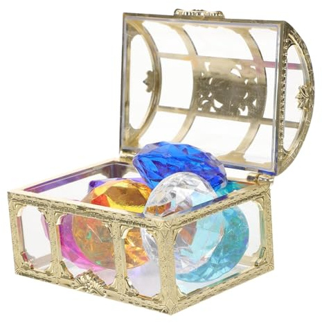 Mikinona Pirate Treasure Box and Diving Diamonds Toy Set for Boys and Girls 4cm Colorful Gemstone Toys Summer Pool Play and Underwater Treasure Hunting Gold Chest 6 Random Colored Gems 138.5g
