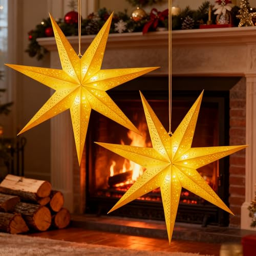 Weihnachtsstern 66 cm Papier, 3D Adventsstern zum Aufhängen für Fenster & Weihnachtsdeko – Hängender Leuchtstern aus Papier – Goldener Stern mit warmweißem Licht