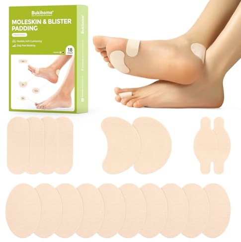 Pansements adhésifs Bukihome en moleskine pour les pieds - 18 pièces Pansements anti-ampoules pour cors, callosités, réduisent la pression et les frottements dans les chaussures (beige)