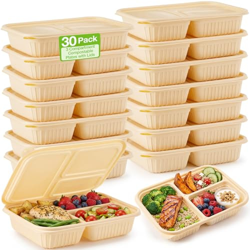 Havawish 30 Pack(60pcs) Compostable 3 Compartment Plates with Lids Compostable Meal Prep Containers Bento Box Divided Disposable Cornstarch Sectional Trays for School Lunch, Picnic, Buffet, Parties