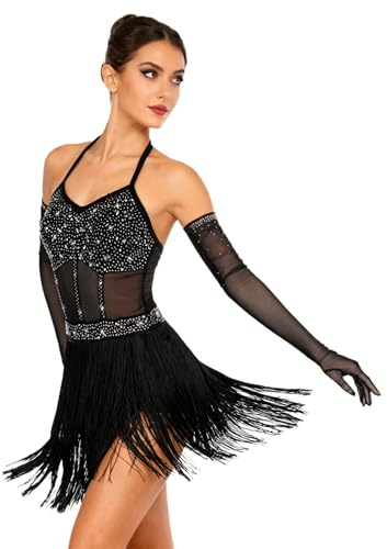 dPois Vestito da Ballo Latino Americano Tango Donna con Guanti Abito da Pattinaggio Artistico con Frange Nappe Body Ginnastica Ritmica Costume Danza Samba Rumba Salsa Nero S
