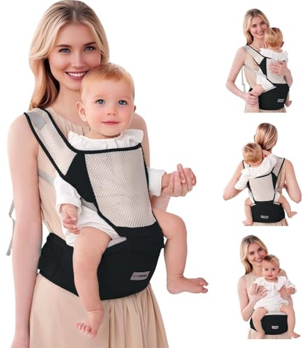 Ergonomische Babytrage mit Verstellbarem Gurt - 6-in-1 Neugeborenen-Kleinkind-Tragetuch, Atmungsaktive Mesh-Babytrage für Sommer, Kompakt für Reisen & Outdoor-Abenteuer (Schwarz)