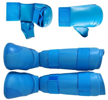 Kit d'équipement de Taekwondo avec Gants de karaté et protège-Tibias - Ensemble de Protection pour Sports de Combat et Arts Martiaux- Bleu L