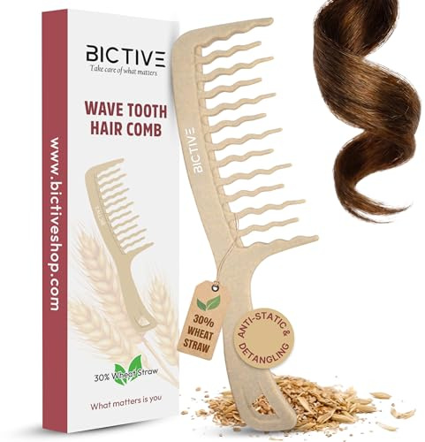 BICTIVE® lockkam i brunt med vågformade, breda zinker. Kam för lockar; reder ut och definierar lockar. Bred zinkkam, styling, kam, bred zinkkam, utredningsborste för långt hår. För Fra