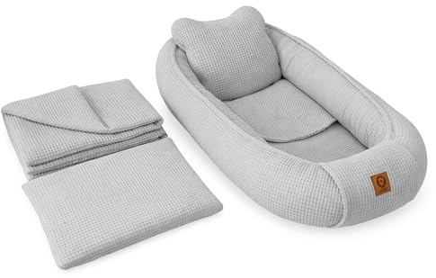Babynestchen Neugeborene – 5-teiliges Baby Set mit Babynest aus Waffelpique Baumwolle – Nestchen Baby für Babybett & Kinderbett – Babykokon Tragbar – OEKO-TEX zertifiziert – Zubehör Babybett - Grau