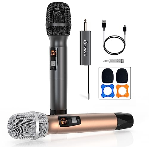 FDUCE Micrófono inalámbrico, micrófono de Karaoke, Sistema dinámico de Mano Dual UHF con Receptor Recargable para Fiestas, Iglesias, reuniones, Bodas, 200 pies