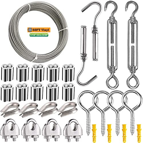 Kit Cavo Sospensione per Giardino, Balcone, Terrazzo - Cavo Acciaio Inox 304 Antiruggine con Rivestimento PVC, Clip Metalliche, TendiCavo Regolabile (15 Metri) - Per Luci Esterne, Piante, Decor