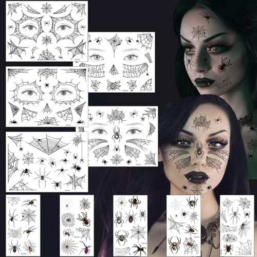 10 Blatt Halloween Spinnen Tattoo, Temporäre Tattoos, Spinnennetz Gesicht Tattoo für Halloween Zubehör Karneval Party