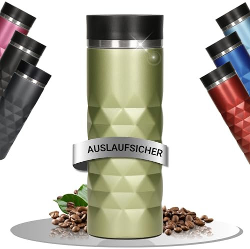 Elasto Premium Edelstahl Thermobecher mit Push-Button I 450 ml I auslaufsicherer Verschluss I heiß & kalt I BPA-frei I Thermo Kaffeebecher to go Diamond I matt glitzernd I Saphir Grün