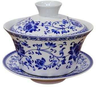 KOPYFANTAP Juego de Taza de Té Tradicional Chino de Porcelana Kungfu, Gaiwan Azul y Blanco con Diseño de Loto,300ml Grande Capacidad Tazón de Té