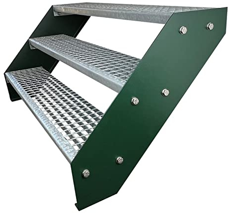 Kaminbau Mierzwa Premium Stahl Treppe Verzinkt & Grün Pulverbeschichtet 3 Stufen (Breite 100 cm) (Höhe 57 cm) Wetterfest Gitterroststufe Gartentreppe