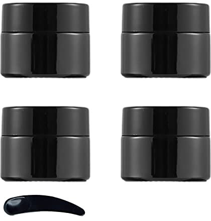 ZEOABSY 4 Pcs 5g Empty Black Glass Cosmetic Jars with Screw Lid, 5ml Face Cream Storage Containers Pots for Homemade Cream Gel Lip Balm Salve + 1x Spatula