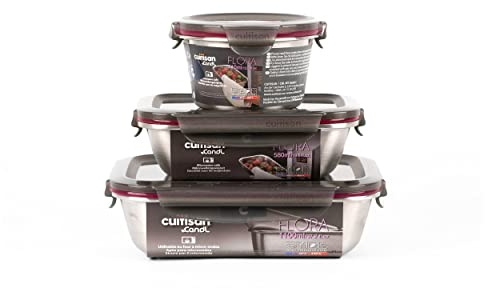 WK WARMCOOK Cuitisan – Pack de 3 boites alimentaires en inox compatible au micro-ondes – 410, 580 et 1100ml