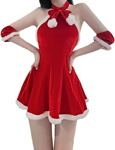 Oludkeph Damen Kostüm Frau Claus Santa Weihnachten Nachtwäsche Babydoll Sexy Lady Cosplay Halter Backless Mini Kleid