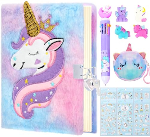 Diario de unicornio con cerradura para niñas, diario de niñas con cerradura y 2 llaves, diario para niñas, escuela, viaje, juego de regalo para escribir y dibujar, cuaderno secreto, cuaderno de tapa