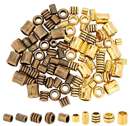 NBEADS 100 Stück 10 Stile Legierung Haarperlen, 2 Farben Tibetischer Stil Europäische Perlen Großes Loch Bartperlen Antike Spacer Perlen Dreadlock Perlen für Schmuck Herstellung, Loch: 3.5~8.5mm