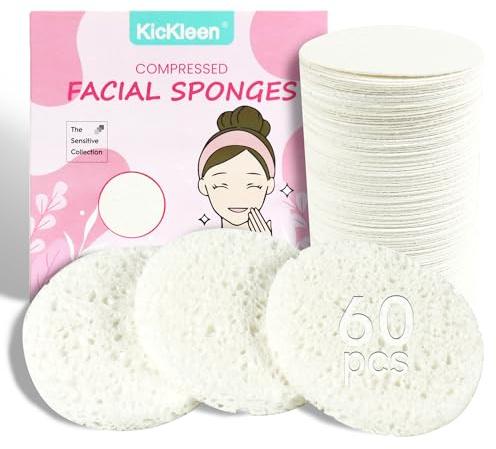 Lot de 60 éponges compressées pour le visage | 100 % cellulose kickleen naturelle pour nettoyage quotidien du visage | Démaquillage et retrait de masque | Exfoliant | Massage de la peau | Exfoliation