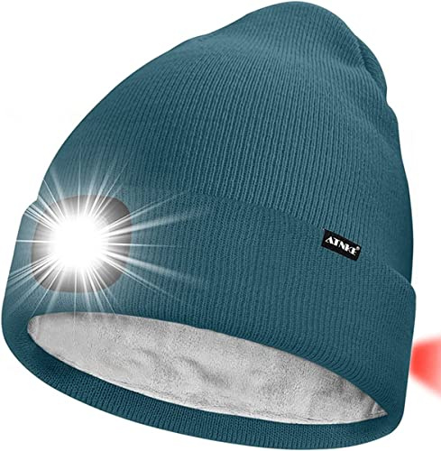 ATNKE Unisex 8 LED Mütze mit Licht,Wiederaufladbare USB Rot Blinkendes Alarm Rücklicht Laufmütze Lampe Winter Warme Gefüttertes Fleece Stricken Mütze für Herren und Damen Geschenke/Olive Green