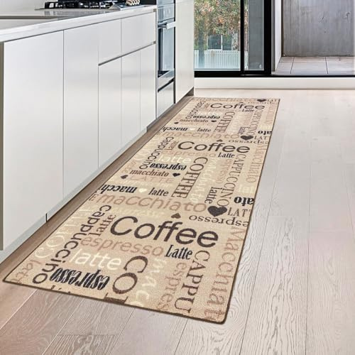 Teppich-Traum Beige köksmatta med gelbaksida och svartbrun inskription kaffe cappuccino espresso macchiato, 67 x 180 cm