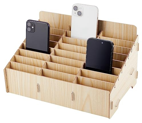 BENECREAT 24-Gitter-Aufbewahrungsbox Für Mobiltelefone Aus Holz, Beigefarbene Handy-Management-Aufbewahrungsbox, Desktop-Organizer Für Büro- Und Schulbedarf, Ahornholzfarbe