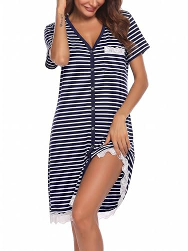 Ekouaer Nattlinne damer, kort nattkläder, kortärmad sovskjorta, V-ringad, spets, sovskjorta, knapprad, S-XXL, Ydf2, M