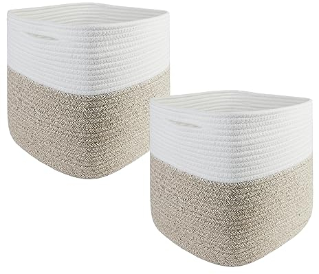 Lot de 2 paniers de rangement carrés tressés en corde de coton - 28 x 28 x 28 cm - Petits paniers tressés à trier - Pour chambre d'enfant, bureau - Décoratif - Marron clair et blanc