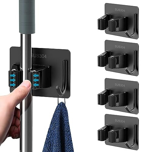 Funnytek 4PCS Besenhalterung Wand, Gerätehalter, Gartengerätehalter Schwarz | Besenhalter Wand, Mop Halter Gerätehalter mit Haken für Wischmopp, Besen, Schaufel, Werkzeuge