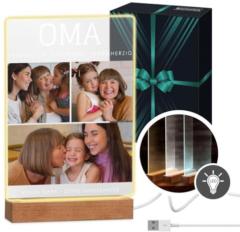 Maverton beleuchteter LED-Rahmen mit eigenem Foto - personalisiertes Acrylglasbild mit Holzständer mit LED-Beleuchtung - Glasfoto für Frauen zum Geburtstag - Größe: 21x32x4,5cm - Oma