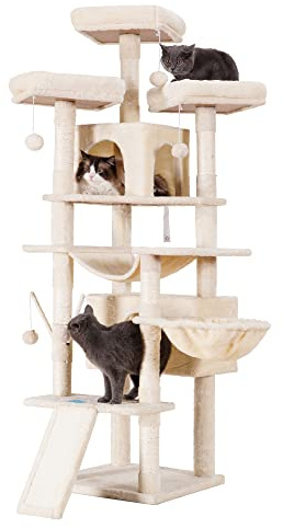 Hey-brother Kratzbaum groß, 180 cm XXL Katzenbaum, Kratzbaum Grosse Katzen Stabil mit Sisalseil, große Kratzbrett, Korb, 3 Plattform and 2 Haus, Beige EMPJ034M