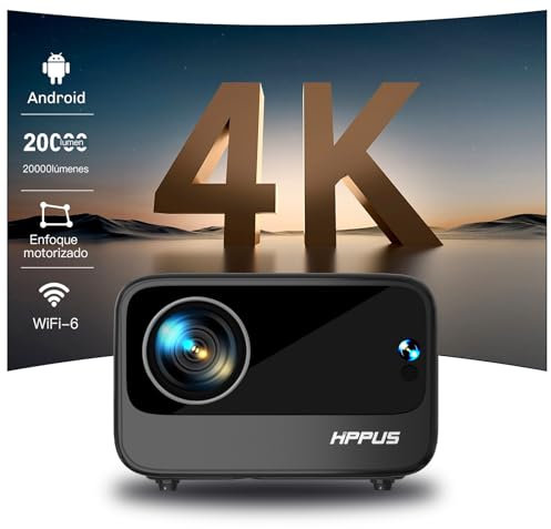 HIPPUS Proiettore 4K, Full HD 1080p, Messa a Fuoco Elettrica, Correzione Automatica Trapezio, Android Integrato, WiFi 6, Bluetooth 5.2, Compatibile USB/HDMI, Grigio